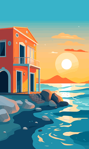 greek building on the beach, sea, ocean, sky, blue and orange, simple vector art style