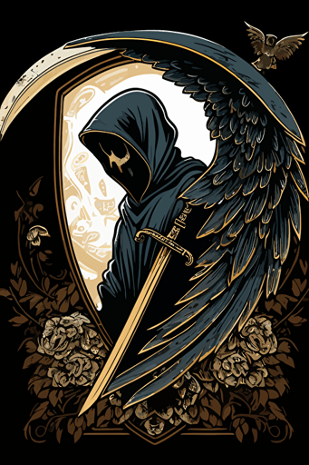 hooded reaper with Scythe and wings vector art style moral patch