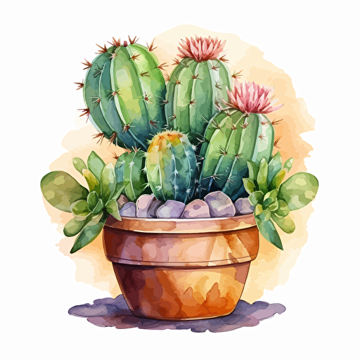 watercolor vector illustration boho cactus in a clay pot sticker white background