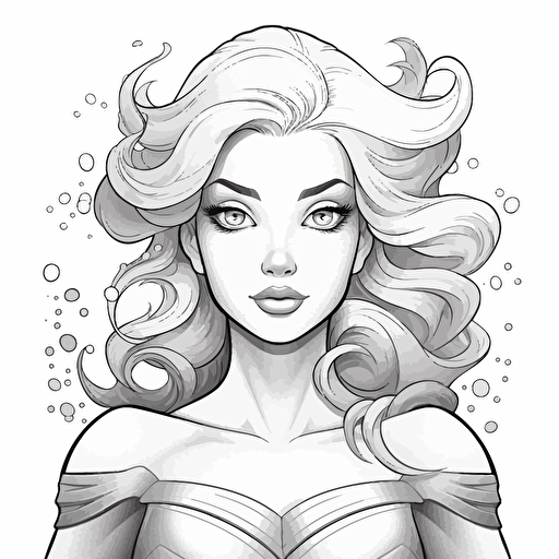 a water inspired ancient clever superhero girl bust, digital illustration, minimalism, concept art, vector draw, black and white, coloring page, outline only, powefull