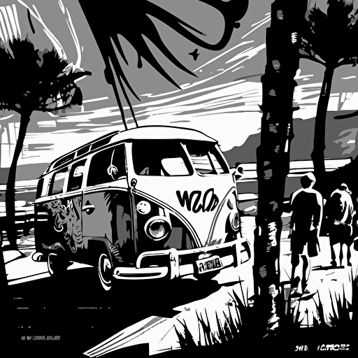 surfers, santa cruz California, vw van, surfboards, black and white, vector
