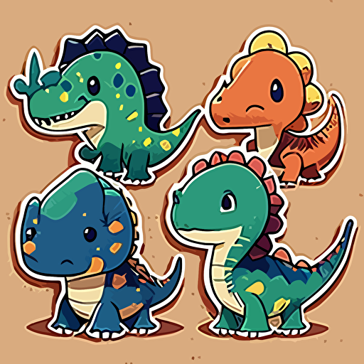 Very cute retro dinosaurs pixar style, 2d flat design, vector, cut sticker