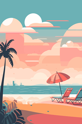 Create a flat vector illustration that portrays a summer beach scene. Use a minimalistic and modern style to showcase the natural beauty of the beach. Include details such as sunbeds, palm trees, and a bbq grill to bring the scene to life. Use pastel colors such as shades of blue, orange, pink, and yellow to create a peaceful and serene atmosphere that transports the viewer to the beach