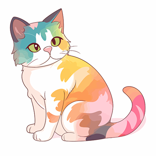 Vector art of a calico cat, illustration stickers, vivid colors, colorful, pastel cute colors, white background