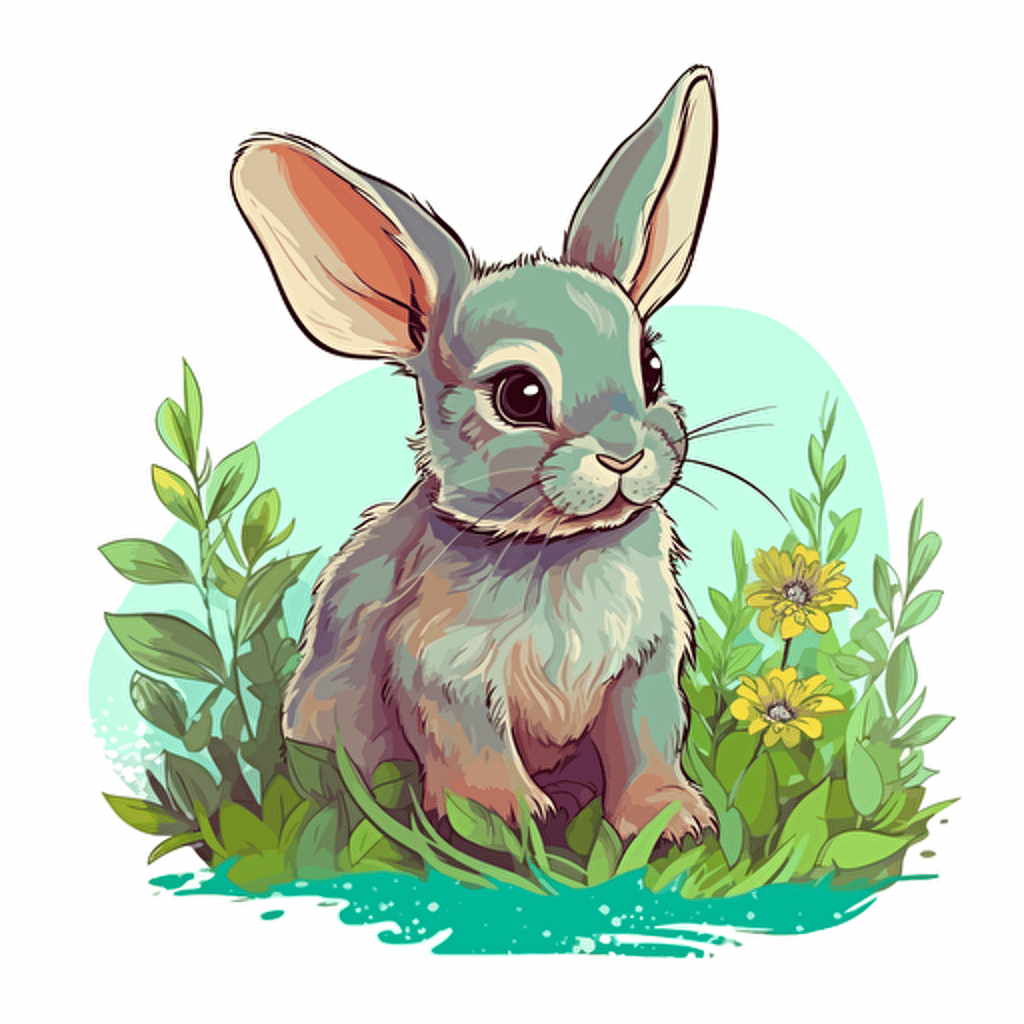 baby bunny in a green meadow vector, detail design, colorful, contour, white background
