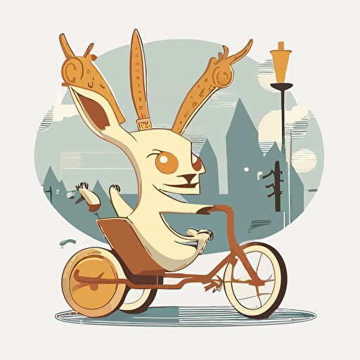 adorable jackalope with large horns, riding a tricycle through the bad part of town, vector logo, vector art, emblem, simple cartoon, 2d, no text, white background