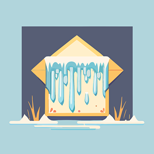 A cartoon image of a white envelope in the center of the frame. On this envelope, icicles are hanging off the envelope as if its cold. flat style illustration for business ideas, flat design vector, industrial, light color pallet using a limited color pallet, high resolution, engineering/ construction and design, colored cartoon style, light indigo and light gold, cad( computer aided design) , white background
