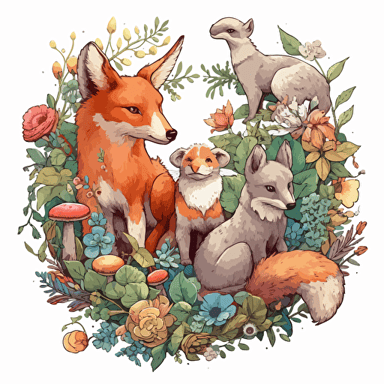 fairycore furry woodland animals with a surrounding floral design in detailed drawing style + simple vector + bright colors on a white background