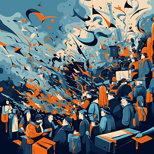 a vector image of education reaching many adults, blue and orange and dark gray, graffiti style