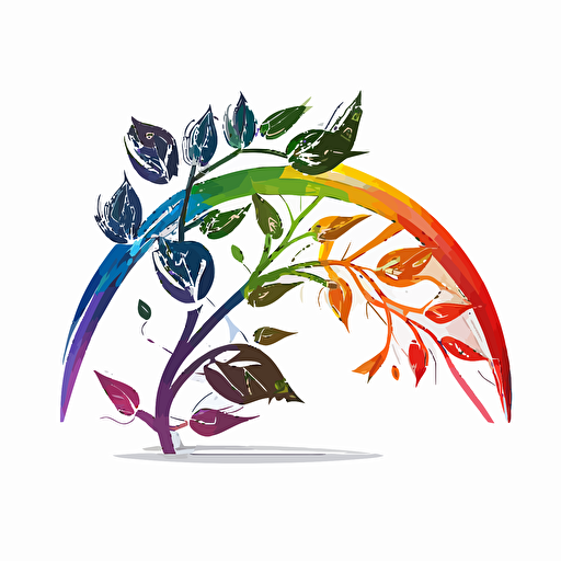a vector art logo incorporating a willow branch in an arc over a rainbow colored rose, simple, white background