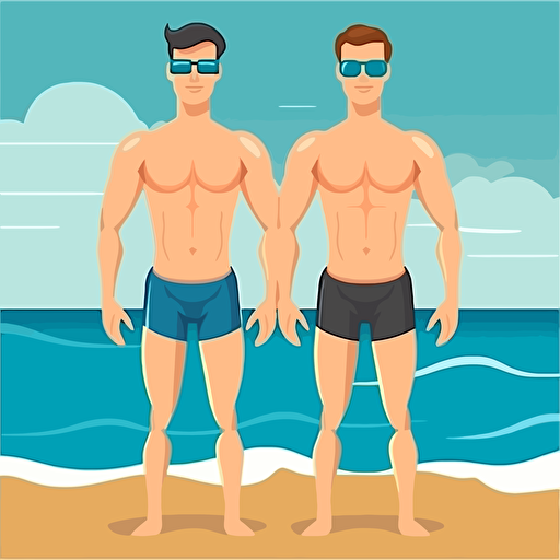 two cute male swimmers on the beach, muscular, abs, six-pack, holding hands, vector