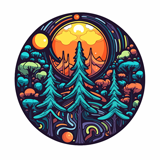 Vector sticker for a forest themed gift shop realistc, trippy, professional, white background, happy, bright colors, the moon, swirls, sacred shapes