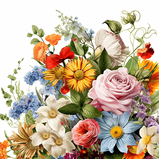 dozens of flowers, white background, high resolution image, beautiful flowers, hyper detailed, vector design around the edges