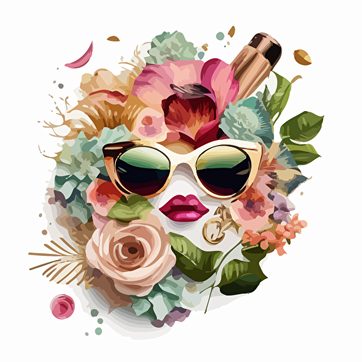 unique hyper detail flower themed logo including lip stick, sun glasses, and champagne, white background, vector