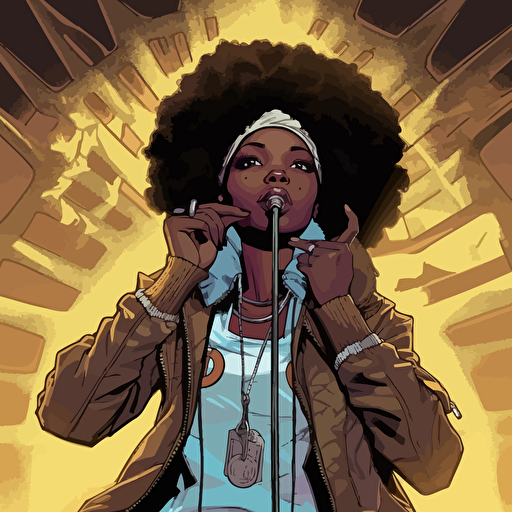 Rapper Lauryn Hill transformed into a comic book superhero drawn by the renowned Adam Hughes. The artwork features Lauryn in a powerful and dynamic pose, while rapping into a microphone on stage. The illustration is highly detailed, with intricate linework and vibrant colors that create a sense of depth and texture. Lauryn's costume is inspired by traditional superhero designs, with a modern twist that reflects her unique style and personality. The atmosphere is intense and dramatic, with a sense of action and adventure that captures the spirit of superhero comics. Adam Hughes' expert craftsmanship ensures a visually stunning and thrilling illustration that will delight any fan of Lauryn Hill or superhero comics. vector