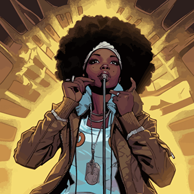 Rapper Lauryn Hill transformed into a comic book superhero drawn by the renowned Adam Hughes. The artwork features Lauryn in a powerful and dynamic pose, while rapping into a microphone on stage. The illustration is highly detailed, with intricate linework and vibrant colors that create a sense of depth and texture. Lauryn's costume is inspired by traditional superhero designs, with a modern twist that reflects her unique style and personality. The atmosphere is intense and dramatic, with a sense of action and adventure that captures the spirit of superhero comics. Adam Hughes' expert craftsmanship ensures a visually stunning and thrilling illustration that will delight any fan of Lauryn Hill or superhero comics. vector