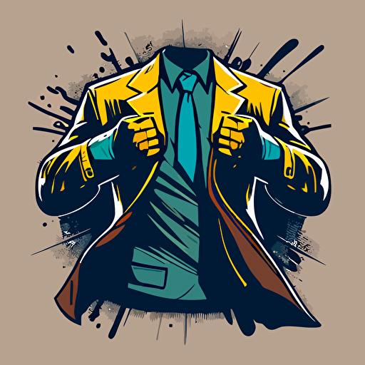 two hands open up a business jacket an embrace an superhero logo, comic style, vectorized, max 5 colors