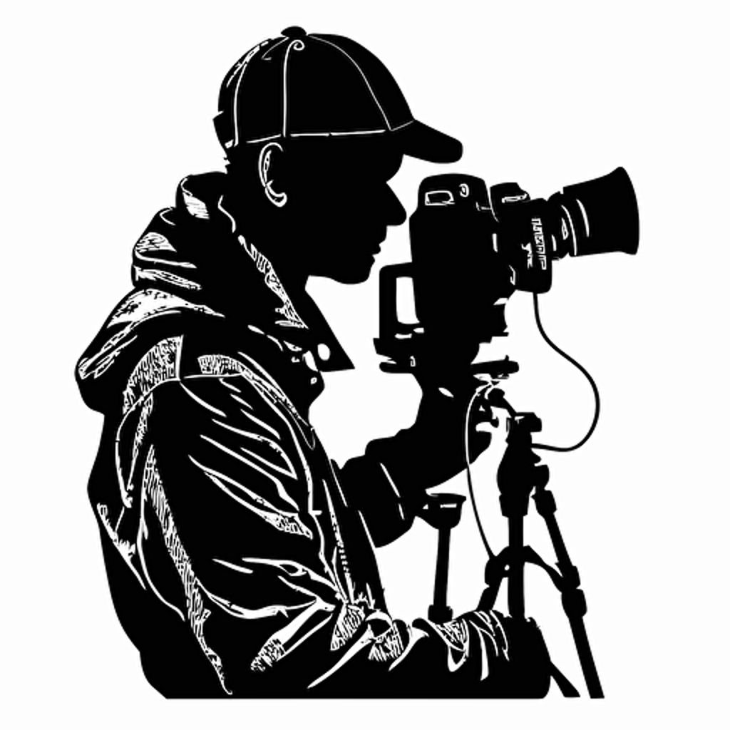 silhouette of male filmmaker, line drawing, simple, white background, vector style