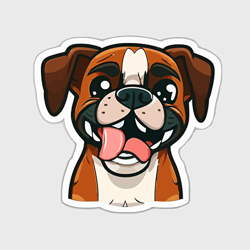 Cute, happy, smiling boxer dog head sticker logo, dog tongue out, chibi style, cartoon, clean, vector, 2d, white background, no accessories, without accessories, no text, without text