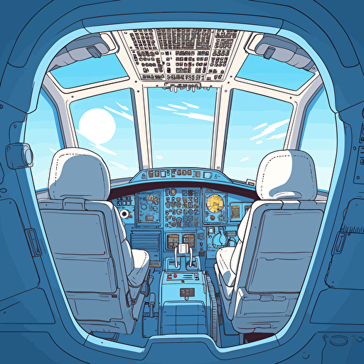 R2D2 in the cockpit pilot seat of a Boeing 747. Outside the windows there is bright blue sky and sunshine. vector drawing childrens book