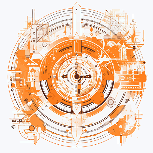 2D vector Time in minimalism geometry cyberpunk style. Colors: orange & white background