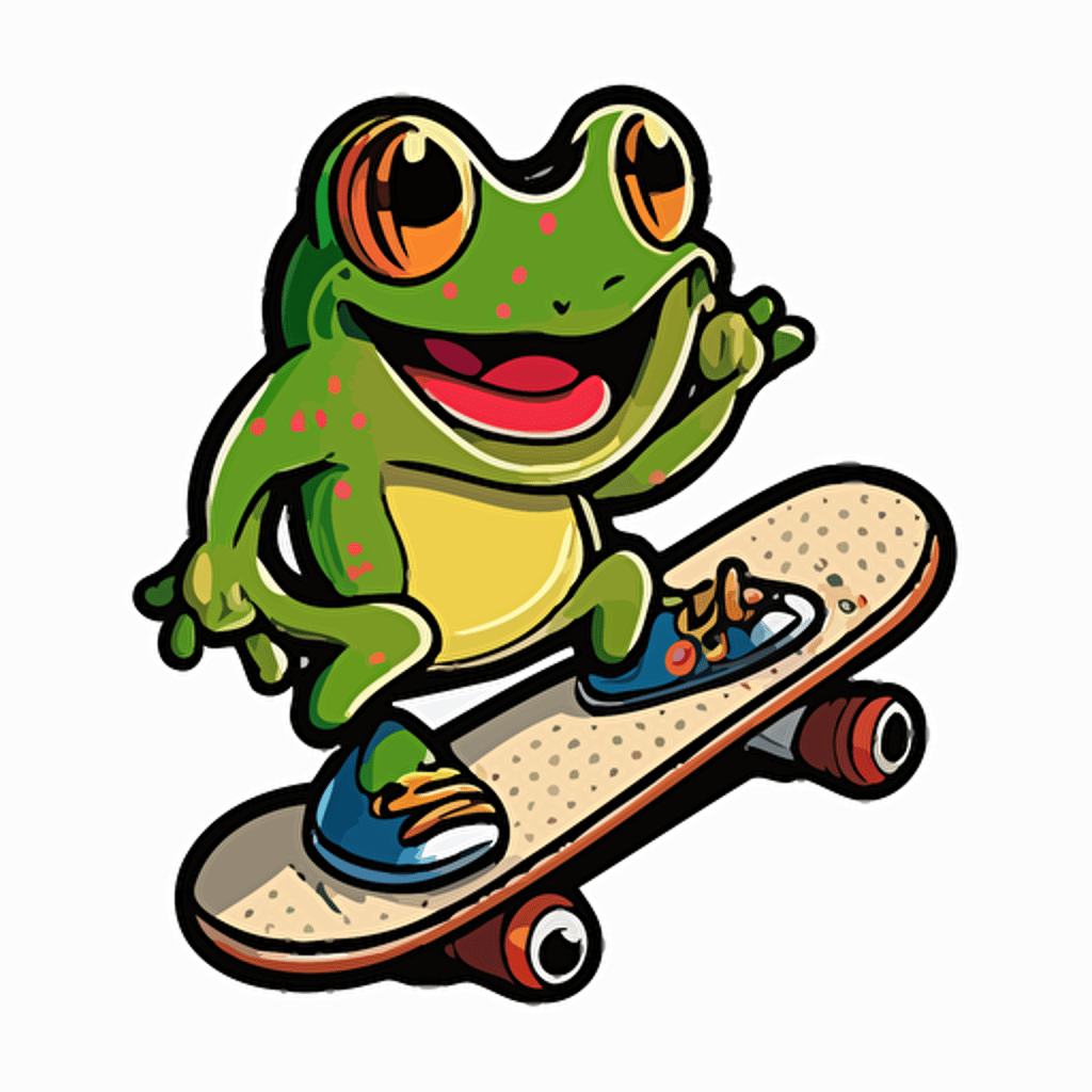 Frog on a skateboard, Sticker, Ecstatic, Matte, Cartoon, Contour, Vector, White Background, Detailed