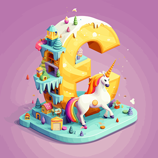 The letter "e" made from cheerful logo, with funny unicorn, vector style, cartoon, isometric,colourful