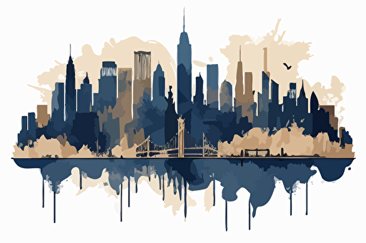 navy and beige watercolour of the New York skyline, vector, contour