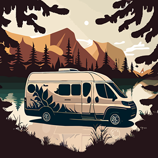 Create a scene at a campground by a lake with 2023 dodge promaster passenger van parked by the lake in the background. vector image. Trees and mountains with natural colors