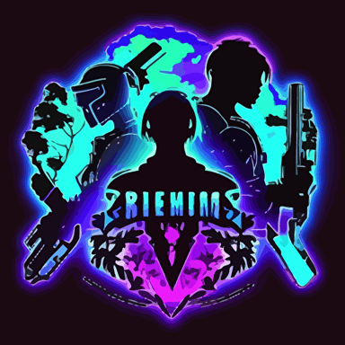 an emblem for an esports gaming tournament with two silhouettes of gamers, weapons, video games, neon, FPS, fortnite, among us, 1v1, youtube, twitch, mrbeast, silhouettes, flat, vector no photorealism, no faces