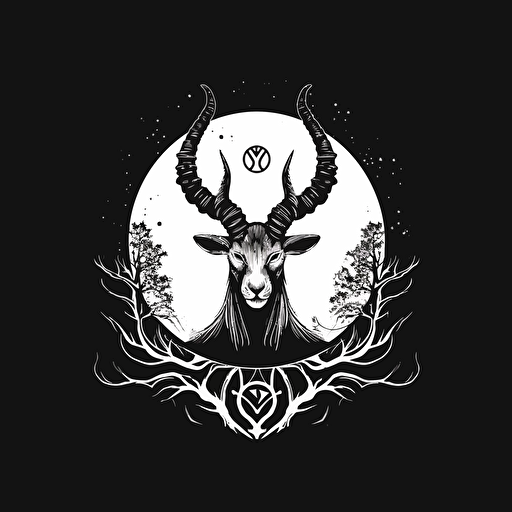 flat vector, occult logo, black and white, black moon, black stylized moon, upside down, goat eye, moon, tree black tears, with the word: volva