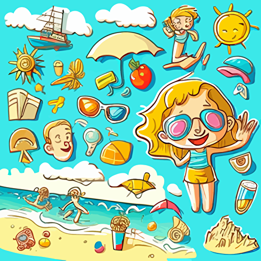 crazy funny beach activities:sticker,illustration ,vector ,cartoon style