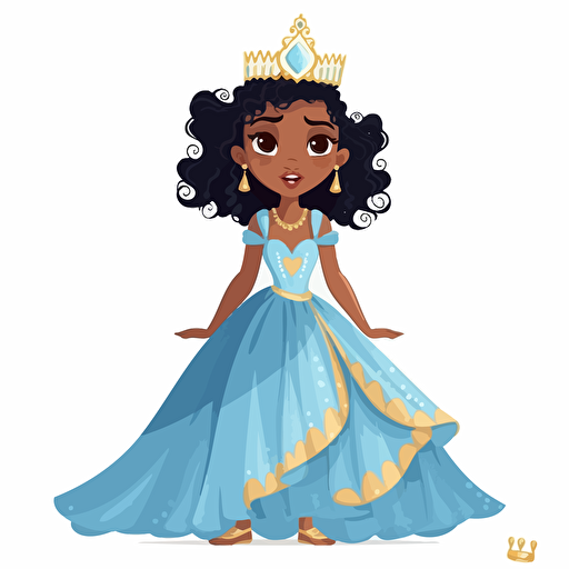 vector illustration full view image in multiple expressions and poses of a cute, adorable, beautiful little mix race girl princess standing, wearing a white and blue child gown and a beautiful golden crown.