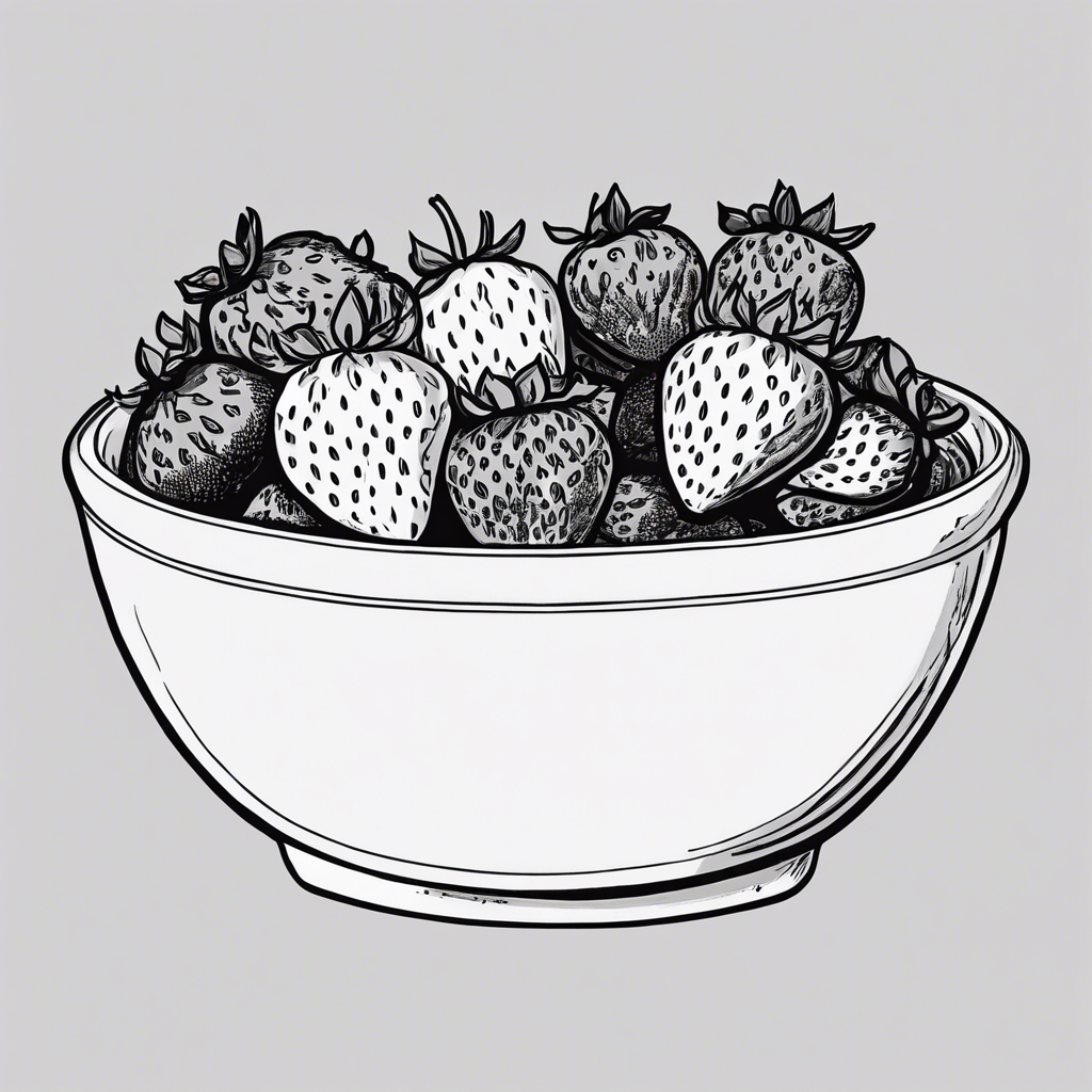 Ripe strawberries in a ceramic bowl., illustration in the style of Matt Blease, illustration, flat, simple, vector