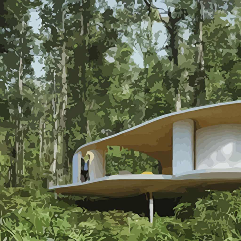 wide image eco community innovative contemporary 3d printed prefab sea ranch style cabin rounded corners angles beveled edges cement concrete organic architecture lush green forest designed gucci wes anderson golden hour