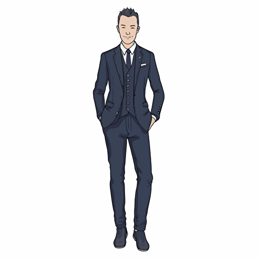 a flat vector image of a mannequin in a navy suit and tie, full frontal view. The pants and jacket are in a slim fit. He is wearing black lace-up shoes