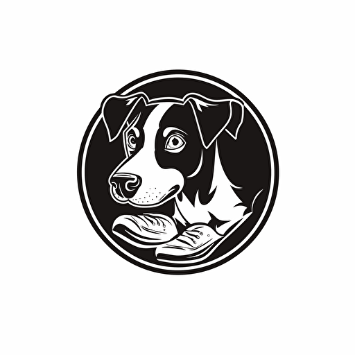 vector logo for a dog organization. Dog is wearing running shoes. Black, white, and grayscale.