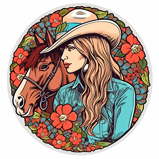 circle sticker, cowgirl with dark auburn hair , horse, colorful flowers, popart, vector, contour