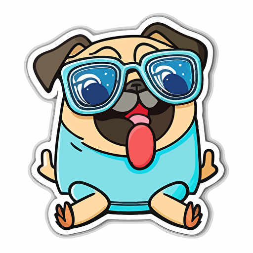 sticker, Cool Happy Pug with tounge out with sunglasses, kawaii, contour, vector, white background