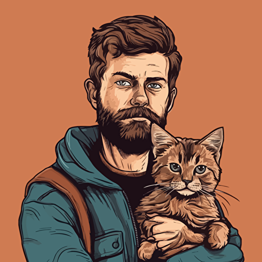 vector art style 28 year old white guy with light beard holding a cat, in the style of Micheal Parks