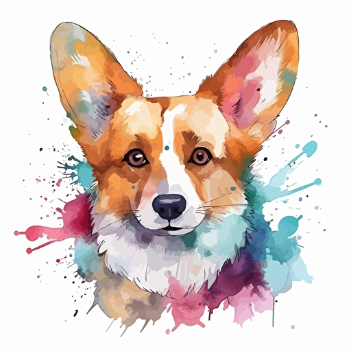 ultra cute corgi watercolor vector art, splash of color, white background,