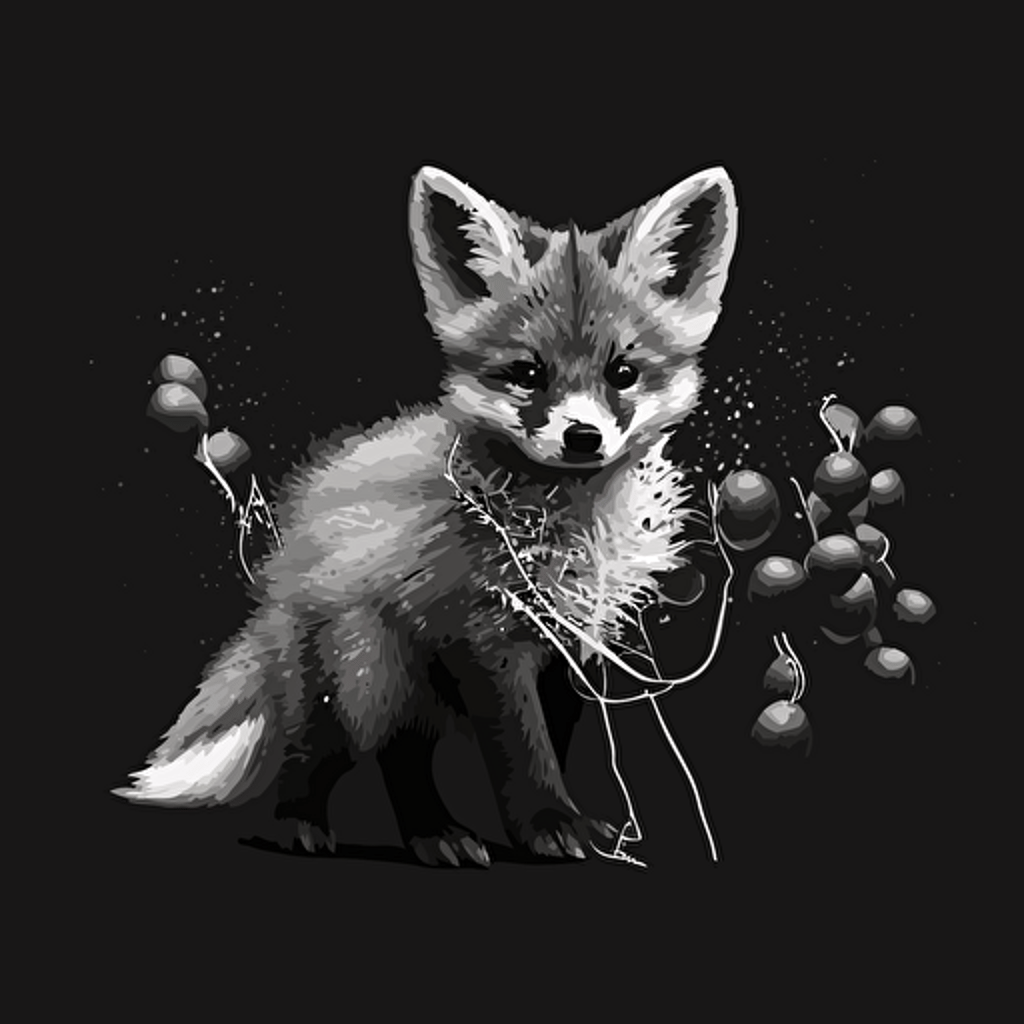 A vectorized image of a baby fox with streamers in black and white.