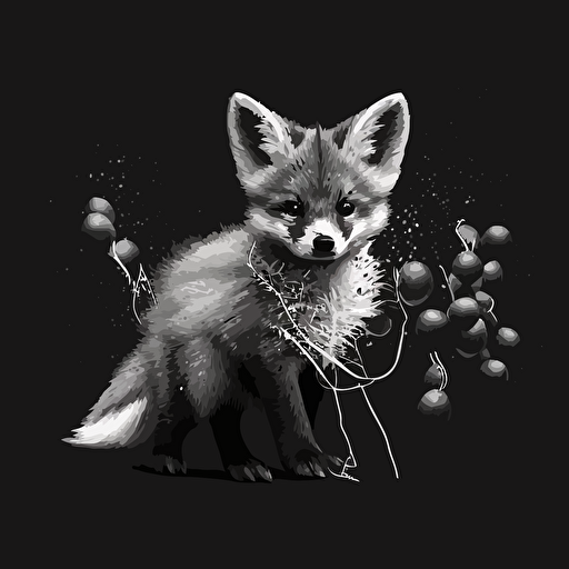 A vectorized image of a baby fox with streamers in black and white.