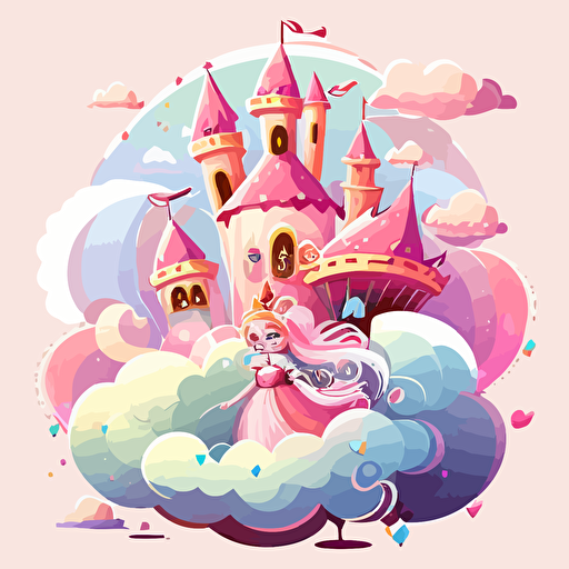 Mexican Princess Girl Light Pink Castle Fantasy Flying Palace In White Clouds Magical Rainbow Fairytale Royal Heaven Palace Cartoon Vector Illustration ar: 2:3