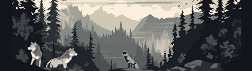 vector illustration, a wolfpack view from a drone, aerial view, forest, rocks