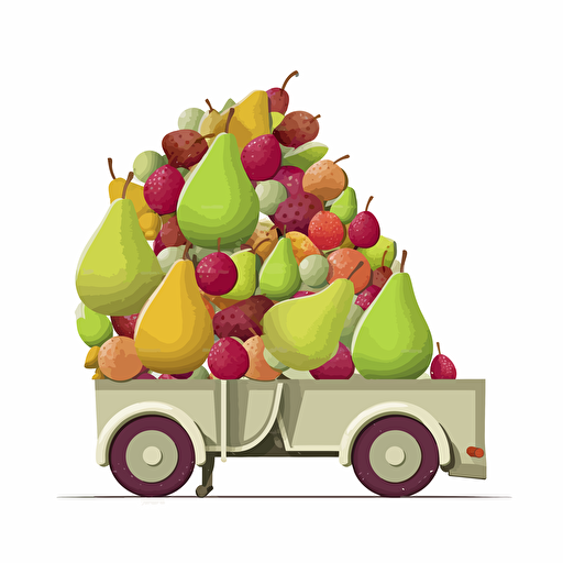 cross-section concrete mixer truck full of pears only, pears falling out, colorfull, vivid colors, white background, vector style