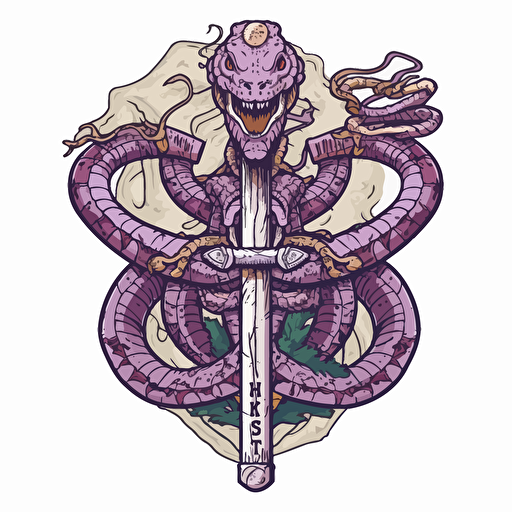three-headed hydra sticker, vector art, superimposed clean sword, white background, purple tones, no image noise, hyper detailed, maximum detail