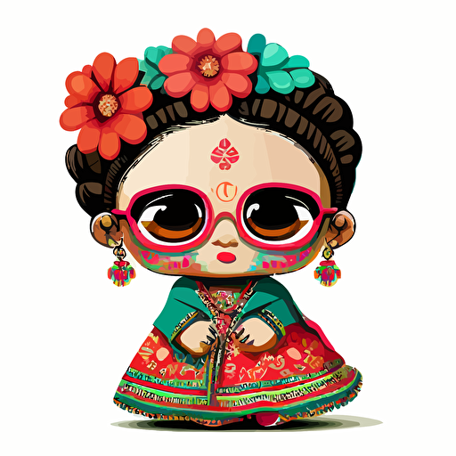 a very cute baby frida Khalo wearing very big sunglasses dressed up with Folkloric Mexican clothing , as a cartoon type, as a vector, white background, bright graffiti colors