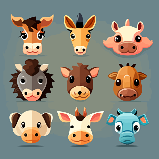 10 cute cartoon vector style animal head for kids without background