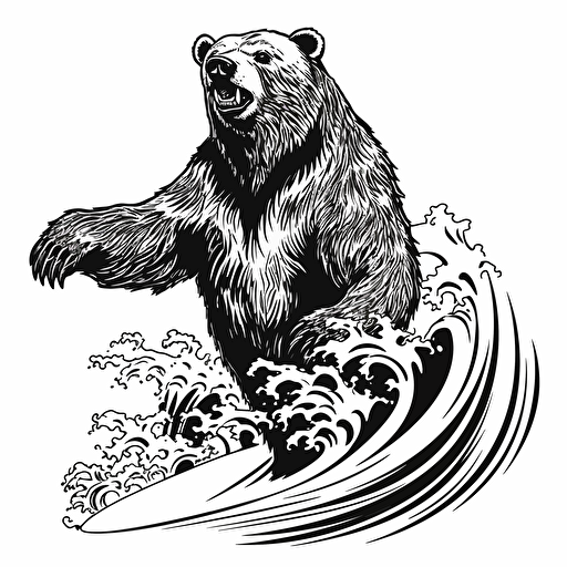 grizzly bear, fun surfs up, hang ten symbol, black and white vector, white background
